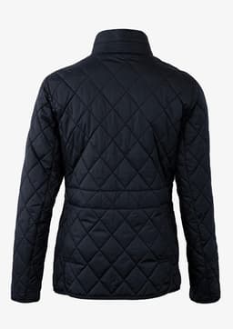 A navy quilted women's jacket with a stand-up collar and a fitted silhouette, featuring a logo on the back.