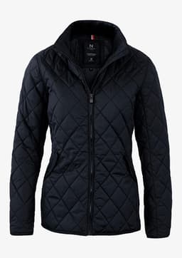 A black women's quilted jacket with a zip front and a stand collar, featuring a logo on the inner label.