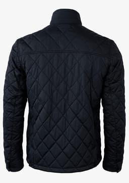A black quilted jacket featuring a high collar and an elasticated cuff, with a logo on the sleeve.