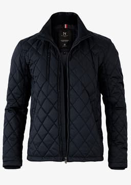 A quilted men's jacket in navy blue, featuring a zip front, high collar, and one logo on the chest.