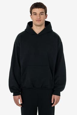 A black heavy fleece hood pullover with a front pocket and a hood, displayed on a model.
