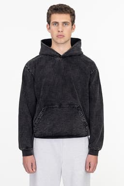 A black mineral wash heavy fleece hooded pullover with a front pocket and a drawstring hood.