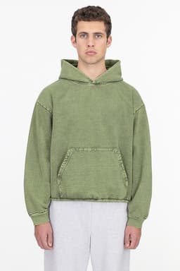 A heavy fleece hooded pullover in green, featuring a front pocket and a relaxed fit.
