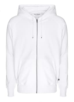 A white zip hoodie featuring a hood and a branded logo. Ideal for casual wear.