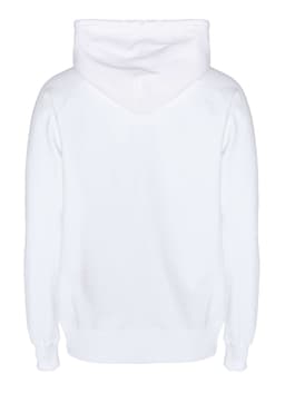 A white zip hoodie with a hood and long sleeves, featuring a logo on the back.