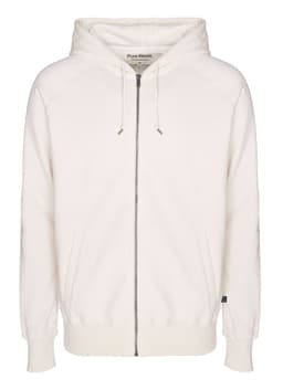 A cream-coloured zip hoodie with a drawstring hood and front pockets. It features branding on the label.
