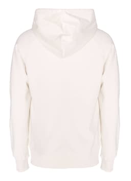 A white zip hoodie with a hood, featuring a simple design and no visible branding.