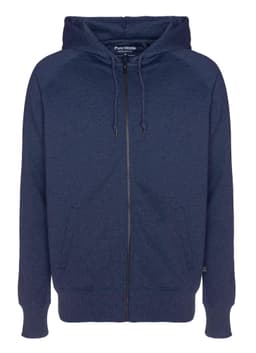 A navy zip hoodie featuring a front zip, adjustable drawstring hood, and pockets. It has a brand logo tag.