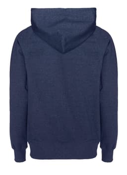 A navy blue zip hoodie with a hood, featuring elastic cuffs and a logo. The back is plain and unadorned.