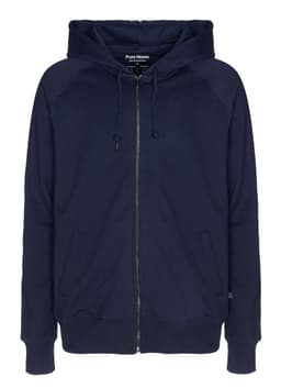 A navy zip hoodie featuring a front zip closure and a hood. It has long sleeves and a logo on the design.