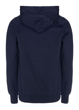 A navy zip hoodie featuring a hood, ribbed cuffs, and a logo.