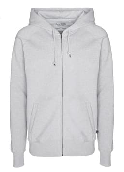 A light grey zip hoodie with a hood, featuring pockets and a branding logo.