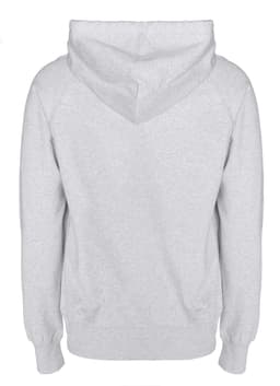 A grey zip hoodie with a hood and ribbed cuffs, featuring a logo on the back.