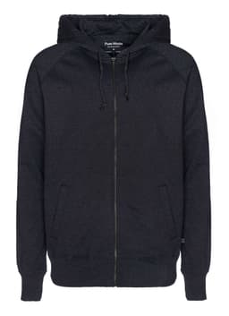 A black zip hoodie with a front zipper, two pockets, and an adjustable hood. Features a logo on the label.