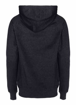 A dark grey zip hoodie with a hood and long sleeves, featuring a simple design and a logo.