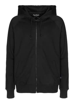 A black zip hoodie with a front zipper, drawstrings, and a logo on the label.