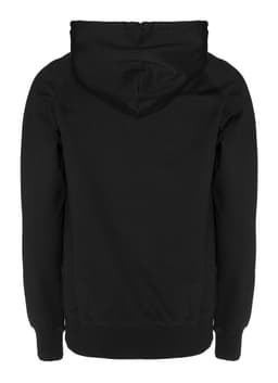 A black zip hoodie featuring a hood and ribbed cuffs, with a branding logo on the back.