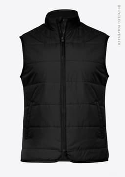 A black insulated vest featuring a zip closure and side pockets, made from recycled polyester.