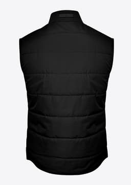A black padded men's vest featuring a sleeveless design and a back view. It includes a branding logo.
