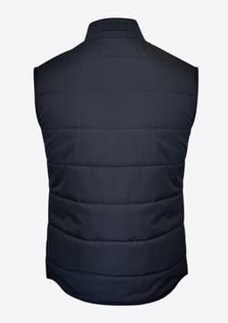 A navy Hudson Men Vest featuring a quilted design and a high collar, with a branding logo.