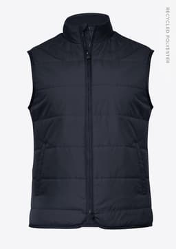 A navy blue padded vest with a high collar, featuring a front zipper and a logo. Made from recycled polyester.