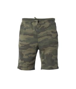 Camo-patterned midweight sweatshorts in shades of green. Features an elastic waistband with a drawstring and a logo.
