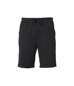 Black midweight sweatshorts featuring an elastic waistband with a drawstring and side pockets. Includes a logo.