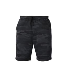 A pair of men's midweight sweatshorts in a black camouflage pattern, featuring an elastic waistband with a drawstring.