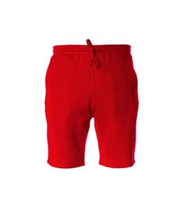 A pair of red midweight sweatshorts with an elastic waistband and pockets. Features a logo on the fabric.
