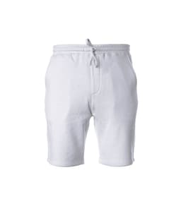 White midweight sweatshorts with an elastic waistband and drawstring, featuring side pockets.