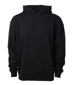 A black pullover hoodie featuring a front pocket and an attached hood. It has a branded logo.