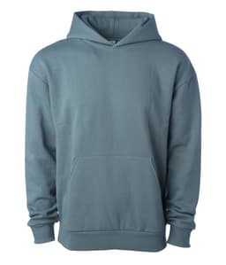 A pullover hoodie in a soft blue-grey colour featuring a large front pocket and a hood. It has a logo on the side.