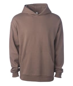 Avenue Pullover Hood in a brown colour, featuring a front pocket and a spacious hood. It has a logo on the label.