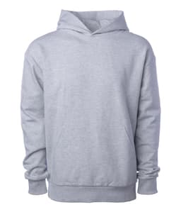 Avenue Pullover Hood in light grey with a front pocket and attached hood, featuring a logo.