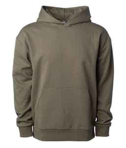 An olive green pullover hoodie with a front pocket and a hood, featuring a logo.
