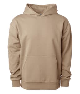 Avenue Pullover Hood in beige with a front pocket and a hood. It features a logo.