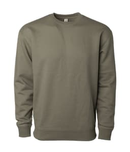 A heavyweight crew sweatshirt in olive green, featuring a classic design and long sleeves. It has a logo on the label.