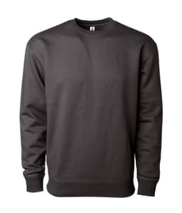 A heavyweight crew sweatshirt in dark grey, featuring a simple design and a logo on the front.