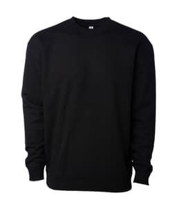 A black heavyweight crew sweater featuring long sleeves and a crew neck. It has a logo on the front.