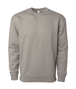 A grey heavyweight crew jumper featuring a crew neckline and long sleeves, with a simple design and branding.