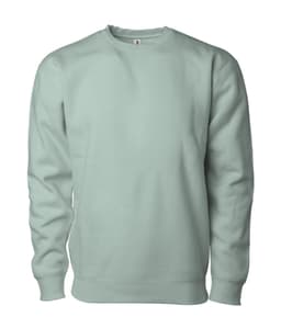 A mint green heavyweight crew sweatshirt with long sleeves and a ribbed neckline. It has a logo on the chest.