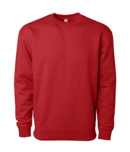 A red heavyweight crew sweatshirt with long sleeves and a round neckline. Includes a branding logo.
