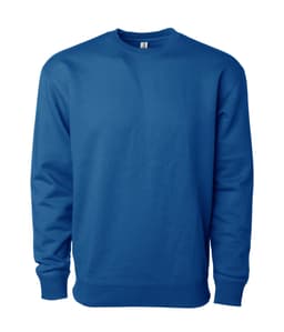 A blue heavyweight crew sweatshirt featuring a ribbed neckline and cuffs, with a logo on the front.