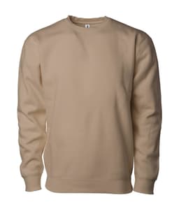 A beige heavyweight crew sweatshirt with a classic round neck and long sleeves, featuring a branding logo.