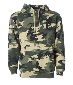 A heavyweight pullover hood in a camouflage pattern featuring shades of green and tan. It has a front pocket and a hood.