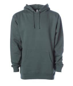 A heavyweight pullover hood in a dark green colour, featuring a kangaroo pocket and a hood. It has a logo.