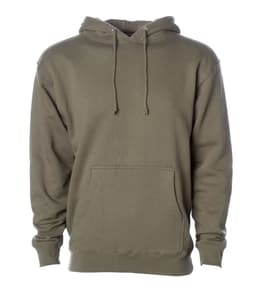 A heavyweight pullover hood in olive green with a front pocket and drawstring hood. It features a logo.