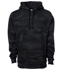 A black camouflage heavyweight pullover hood with a front pocket and drawstring hood. Features a logo.
