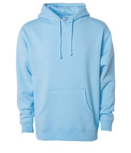 A light blue heavyweight pullover hood with a front pocket and a hood. It features a logo on the front.