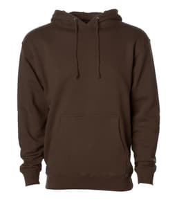 A brown heavyweight pullover hood with a front pocket and an adjustable drawstring hood. Features a logo.